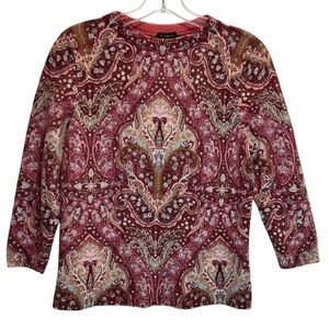 Talbots Cashmere Pink & Red Audrey Paisley Sweater, 3/4 Sleeves - Large